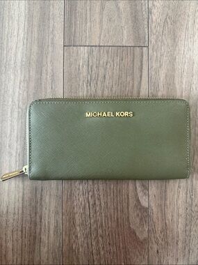 Michael Kors Olive Green Zip-Around Saffiano Wallet with Gold Logo